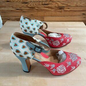 John Fluevog Miracle Platform Flora- Blue/Red/Hearts
